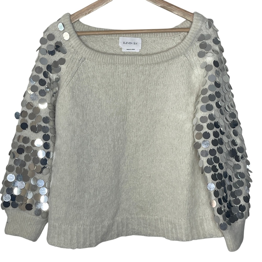 Eleven Six Ivory Alpaca‎ Blend Sweater Sequin Embellished Sleeve Women's XL XXL